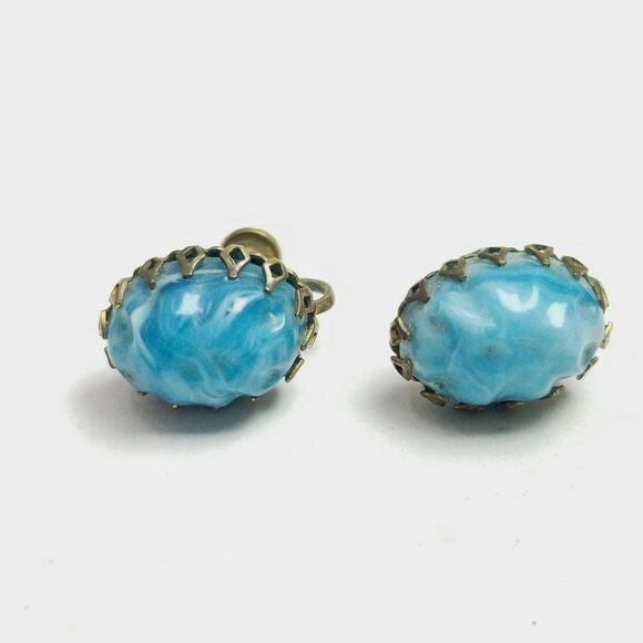 Vintage Blue Oval Cabochon Clip On Earrings, Screw Backs, Retro 60s Style - Picture 2 of 7